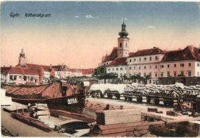 Győr, Rába rakpart, Róza uszály, rakparti vasút megrakódott vagonokkal, Pannónia Könyvnyomda