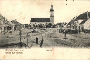 Szenice, Szenicz, Szenica; Piac tér templommal / square with church