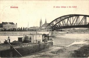Komárom, Komarno; Város látképe a kis hídról, uszály. Czike Dénes kiadása / bridge, barge