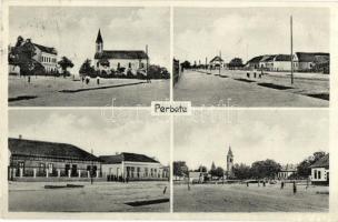 Perbete, Pribeta; községháza, római katolikus templom és iskola, utcakép, mozaiklap / town hall, street view, catholic church and school, multi-view postcard