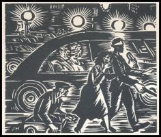 Frans Masereel (1889-1972): Esti forgalomban. Fametszet, papír, jelzett a fametszeten, 11×13 cm