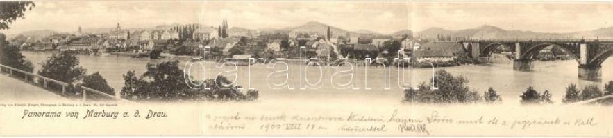 Maribor, Marburg; 3-tiled panoramacard, bridge, riverside, general view, Heinrich Krapek