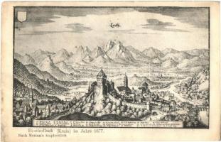 Skofja Loka, Bischoflack; im Jahre 1677, Nach Merians Kupferstich / the city in 1677, based on Merians copper engraving, Kunstverlag A. & M. Löwenthal (lyuk / hole)