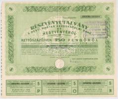 Budapest 1946. Pesti Magyar Kereskedelmi Bank részvényutalvány 5 részvényről egyben, összesen 250P-ről, szárazpecséttel, bélyegzéssel, szelvényekkel T:II,II-