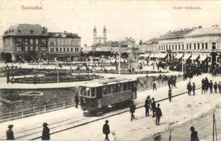 Szabadka, Subotica; Szent István tér, villamos, üzletek / square, tram, shops (EB)