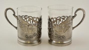 2 db orosz teás pohár, üveg betéttel, jelzett, m: 10,5 cm