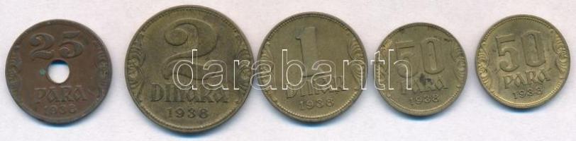 Jugoszlávia 1938. 25p Br + 50p Al-Br (2x) + 1D Al-Br + 2D Al-Br T:2
Yugoslavia 1938. 25 Para Br + 5...