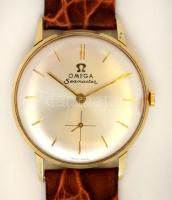 cca 1950 Omega Seamaster Au (18k) tokban, bőr szíjjal, működik, apró karcolás a számlapon, jelzett, ...
