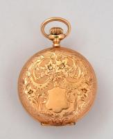 Arany (Au.) tokos női zsebóra, jelzett (14K), eredeti dobozában, pontatlan mutatókkal, működik, brut...