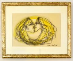 Macskássy Izolda (1945-): Szerelmes pár. Vegyes technika, selyem, jelzett, üvegezett keretben, 19×30 cm