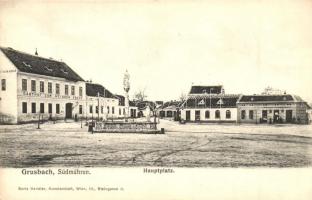 Hrusovany nad Jevisovkou, Grusbach; Hauptplatz, Gasthof zum weissen Kreuz, Verlag Franz Schreiber / Main square, guest house (EK)