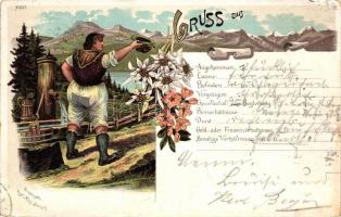 1897 Gruss aus den Bergen; Kunstanstalt Regel und Krug / highlander folklore, litho
