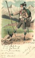1898 Gruss aus den Bergen / alpinist man, folklore litho (EK)