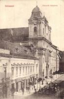 Kolozsvár, Cluj; Piaristák temploma, utcakép, Hermann Herman, Somi Imréné, Schwartz József és Muntyán Péter üzlete / church, street, shops