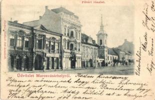 Marosvásárhely, Targu Mures; Fő tér, Iparos Polgári Egylet, Muntyán Géza, Petrás Géza, Szalmásy Gyula és Schwartz János üzlete / main square with shops (EB)