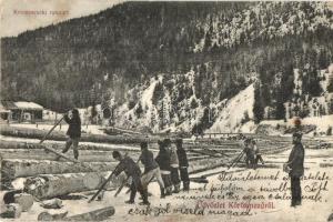 Kozmecsek (Kőrösmező, Máramaros); Rakpart faúsztatókkal. Rosenblüth Emánual kiadása / river bank with timper transporting (fl)