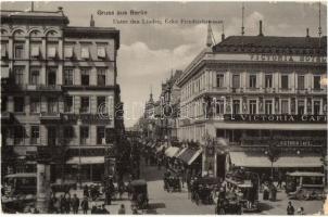 Berlin, Unter den Linden, Ecke Friedrichstrasse / street view with horse drawn tram, Victoria Cafe, shop of Julius Staudt and Grimm (tear)