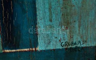 Gruber jelzéssel: Üvegpalack vörös dugóval. Olaj, falemez, sérült, keretben, 63×31 cm