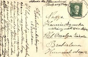 1925 Ipolyság, Sahy; utcakép, Kohn Hedvig üzlete, dohánybolt / street view with shops, photo (gyűrőd...