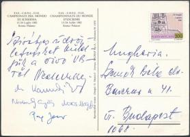 1982 A vívó vb magyar válogatott tagjainak aláírásai levelezőlapon, Szemők Béla (1930-2016) MÁV-vezérigazgató részére megküldve