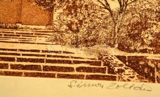 Simon Zoltán (1950-): Pécs, Székesegyház. Színes rézkarc, papír, jelzett, 20×28 cm