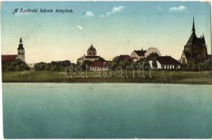 Szolnok, Tisza part a három templommal, zsinagóga