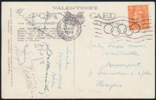 1948 A londoni olimpián arany érmes kardvívó csapat tagjainak aláírása az olimpiáról küldött képeslapon, köztük Gerevich Aladár, Kárpáti Rudolf, Papp Bertalan