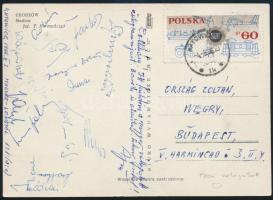1966 A magyar labdarúgó válogatott tagjainak aláírása képeslapon (Bene, Farkas, Dunai, Szentmihályi, stb.)
