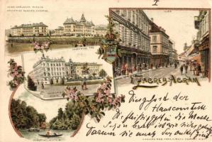 1897 (Vorläufer!) Zagreb, Agram; Ilica, Vojara Kraljevica Rudolfa, Akademicki trg. Jurjevac-Maximir / street views, military barracks, Rob. Ferd. Aureau. Floral Art Nouveau litho