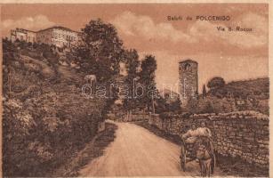 Polcenigo, Via S. Rocoo / street view with donkey cart, litho + Reformierte Militärseelsorge in Sacile (EK)