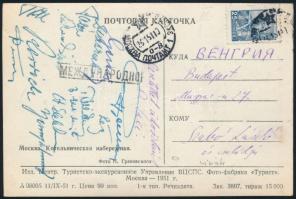 1951 Magyar vívók aláírása képeslapon, többek közt Elek Ilona, Elek Margit, Tilli Endre
