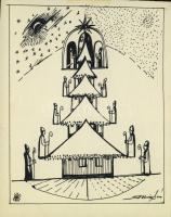 Szklenár András (1957- ) szignós karácsonyi rajz 13x15 cm