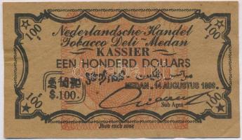 Holland Kelet-India / Medan 1899. 100$ "Tobacco Deli-Medan" sorszámozott szükségpénz T:III Netherland East Indies / Medan 1899. 100 Dollars "Tobacco Deli-Medan" numbered necessity note C:F