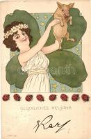 1899 Glückliches Neujahr / Art Nouveau litho lady art postcard. Serie 324. (EK)