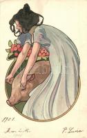 New Year Art Nouveau litho lady greeting art postcard. 331. (EK)