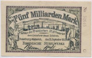 Németország / Weimari Köztársaság / "Rajnai Acélművek" 1923. 5.000.000.000M Duisburg-Meiderich-i szükségpénz vízjeles papíron, számozott, szárazpecséttel T:III Germany / Weimar Republic / "Rheinische Stahlwerke" 1923. 5.000.000.000 Mark necessity note from Duisburg-Meiderich on watermarked paper, numbered, with embossed stamp  C:F