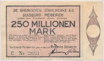 Németország / Weimari Köztársaság / "Rajnai Acélművek" 1923. 250.000.000M Duisburg-Meiderich-i szükségpénz vízjeles papíron, számozott, szárazpecséttel T:II- Germany / Weimar Republic / "Rheinische Stahlwerke" 1923. 250.000.000 Mark necessity note from Duisburg-Meiderich on watermarked paper, numbered, with embossed stamp  C:VF