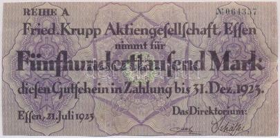 Németország / Weimari Köztársaság / Friedrich Krupp Részvénytársaság 1923. 500.000M esseni szükségpénz vízjeles papíron, sorszámozott T:III szakadás Germany / Weimar Republic / Friedrich Krupp Aktiongesellscaft 1923. 500.000 Mark necessity note from Essen on watermarked paper, numbered C:F tear