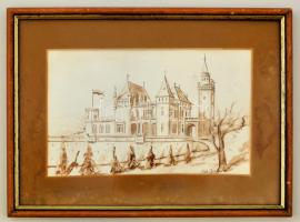 Molnárné Golda Magdolna (?-): Törley kastély ( Budafok). Akvarell-diópác, papír, jelzett, üvegezett keretben, 14×23 cm
