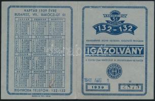 1939 a Rákóczi út 51 jegyiroda kedvezményre jogosító kártyanaptáras igazolványa