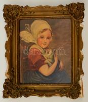 Szilágyi Ilona (?-?): Kislány a cicával. Akvarell, papír, jelzett, sérült üvegezett keretben, 31×25 cm