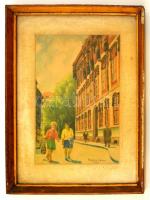 Forgács Ferenc (?-): Barátnők. Akvarell, papír, jelzett, üvegezett keretben, 32×21 cm