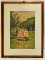 Forgács Ferenc (?-): Lányok népviseletben. Akvarell, papír, jelzett, üvegezett keretben, 29×20 cm