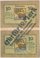 Németország / Weimari Köztársaság / Lindau (1919) 10pf (2x) hajtatlan ívben, lyukasztással érvénytelenítve (?), "GUT FÜR 10 MARK" felülbélyegzéssel T:I Germany / Weimar Republic / Lindau (1919) 10 Pfennig (2x) in unfolded sheet, invalidated with hole (?), with " GUT FÜR 10 MARK" overprint C:UNC