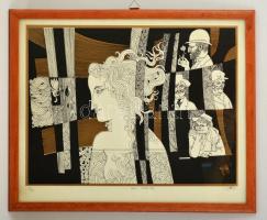 Szász Endre (1926-2003): Régi szeretők. Szitanyomat, papír, jelzett, üvegezett keretben, 34×45 cm