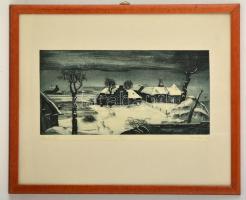 Kéri Imre (1945-): Flamand tél. Rézkarc, papír, jelzett, üvegezett keretben, 19×39 cm