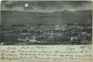 1898 Zsolna, Sillein, Zilina; látkép a vasútállomással, este / railway station, night (EK)