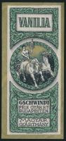 cca 1910 Gschwindt-féle Gyár Rt. vanilia likőr italcímke, Klösz Gy. és Fia, litho, 11,5x5 cm