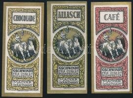 cca 1910 Gschwindt-féle Gyár Rt. likőr italcímke, 3 db, Klösz Gy. és Fia, litho, 7,5x3 cm