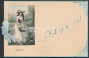 1905 Újévi üdvözlőkártya hölgy képével és szalaggal 12x8 cm